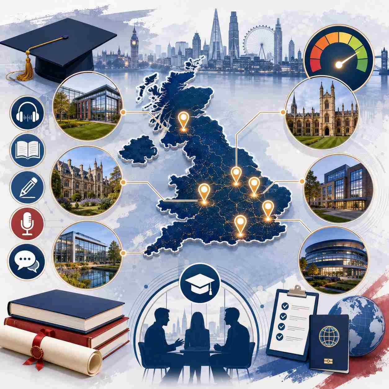 IELTS requirements for top UK MBA colleges shown through UK university campuses, language skills, graduation and admissions visuals.